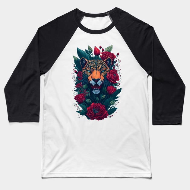 Panther Face with Roses Baseball T-Shirt by PlayfulPrints